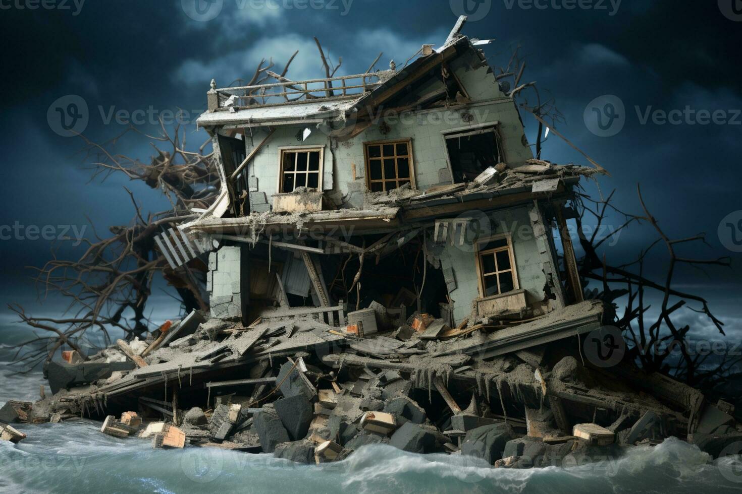 AI generated a house is sitting on top of a pile of debris photo