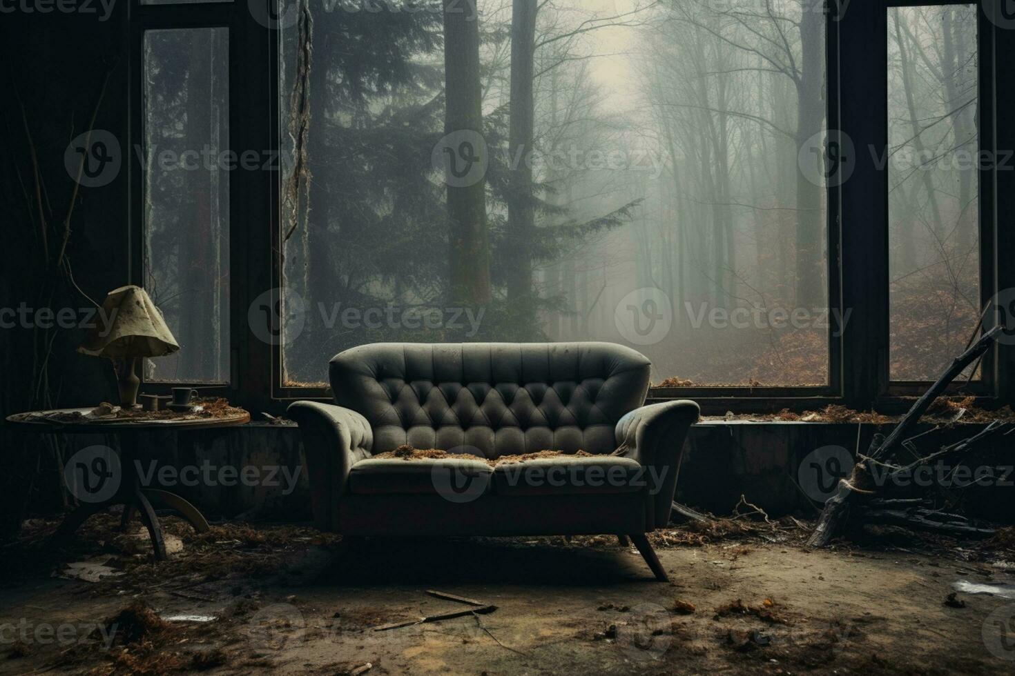 AI generated Abandoned living room natural disaster photo