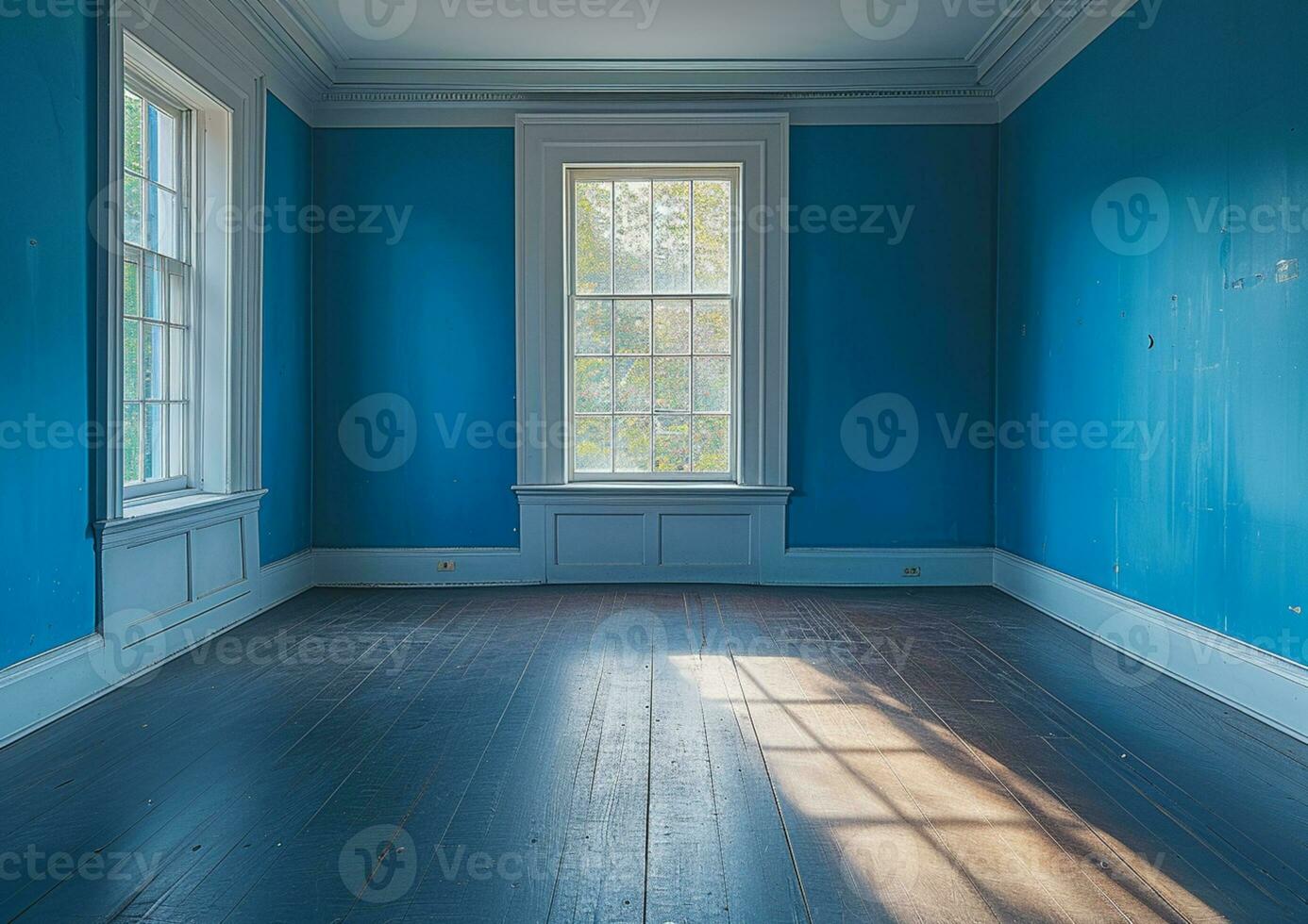 AI generated empty master bedroom with light blue wall photo