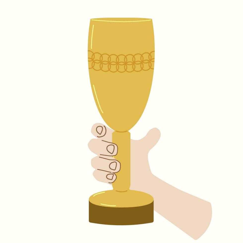 Hand holds the cup winner sports competitions. Prize champion first place and achievement. Design poster banner. Vector illustration.