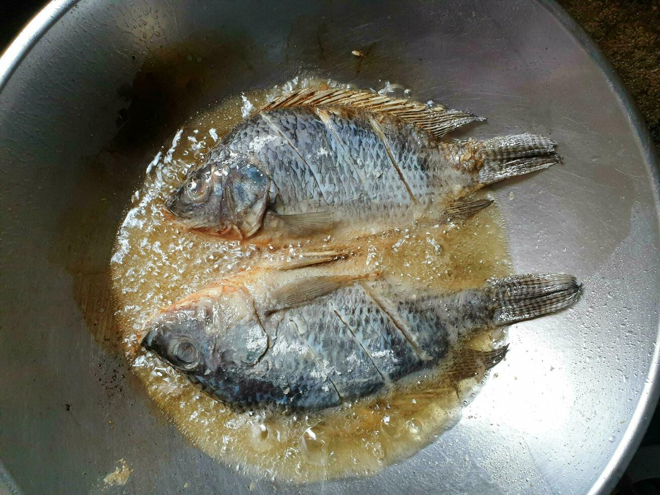 Closeup and top view of Thai tradition and local food Fried tilapia with salt frying on Chinese pan. photo
