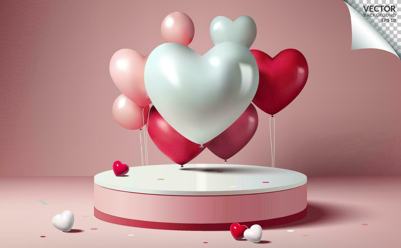 Pink podium and heart shaped balloon, pink background scene. Vector illustration