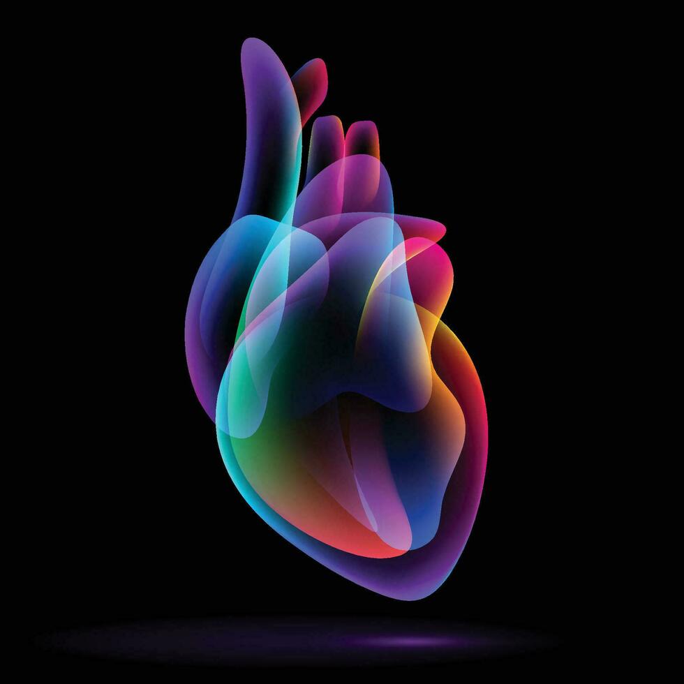 Freeform illustration of multicolored overlays in the shape of a human heart floating on a black background. vector