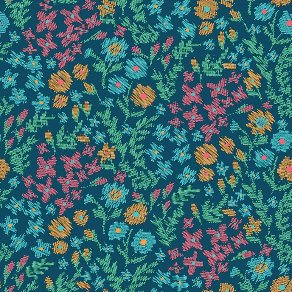 Hand drawn retro colorful ditsy floral pattern in scribble texture style vector