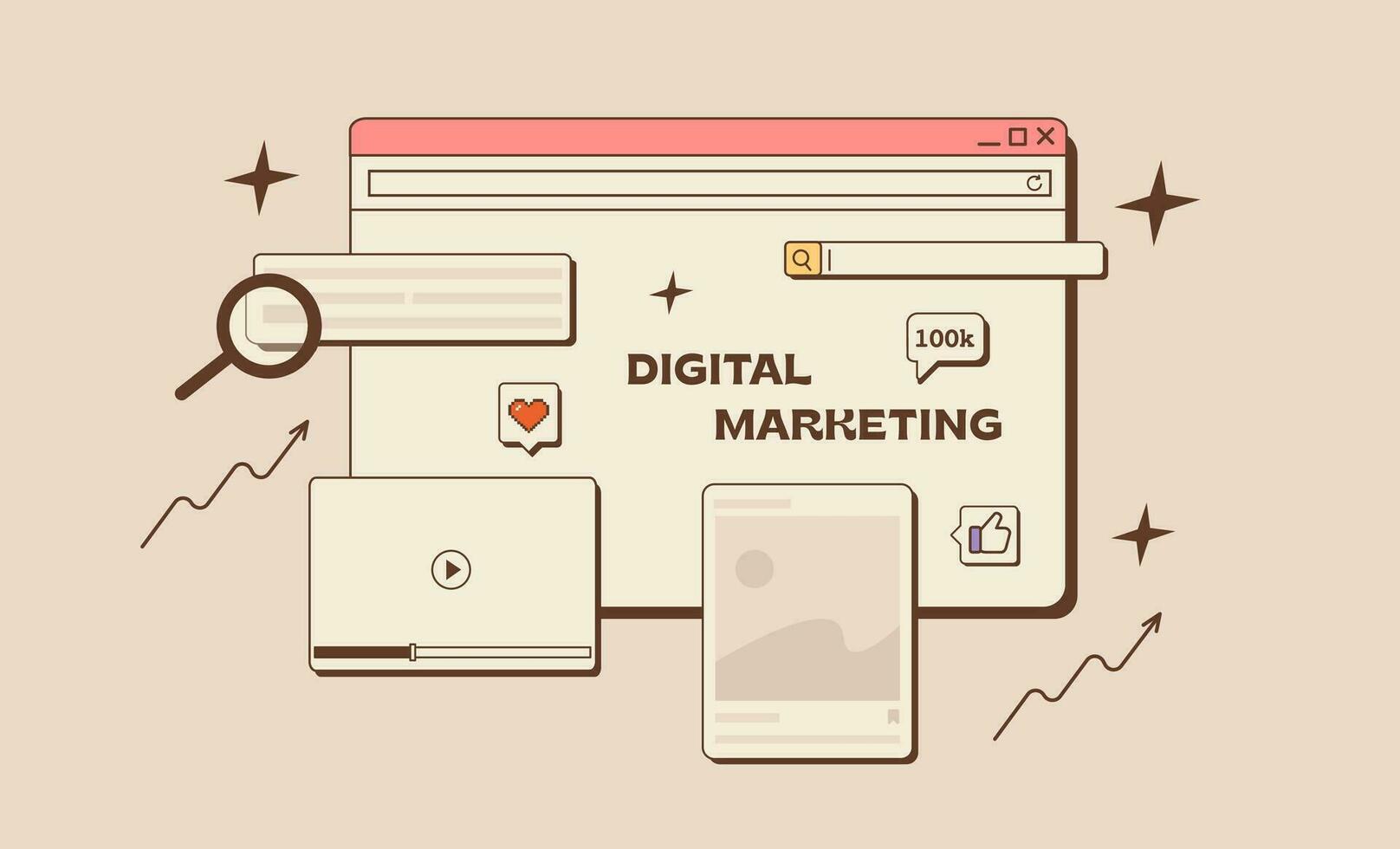 Digital Marketing concept in retro style. Old computer interface with browser window, search bar, social media statistic, multimedia player. SEO analysis, SMM, web app development. Vector illustration