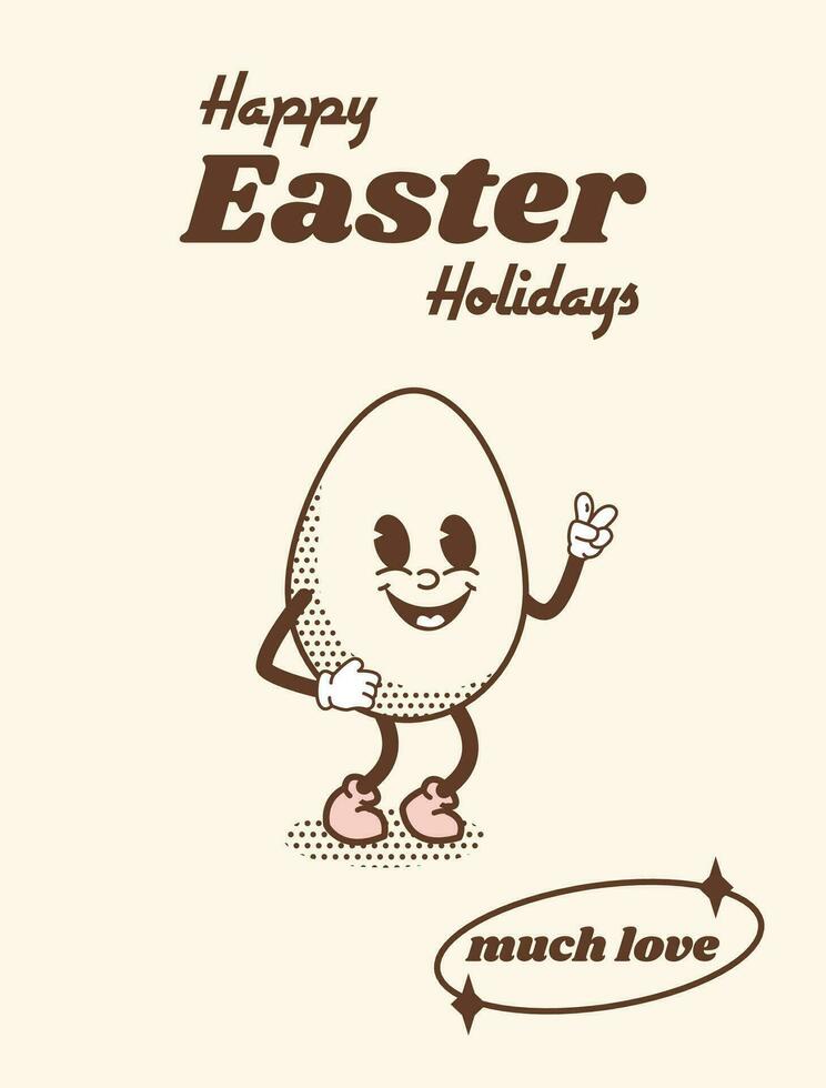 Funky retro Easter Egg smiling. Happy Easter Holidays greeting card or poster in vintage groovy 60s 70s 80s style. Quirky outline mascot character with halftone shadow. Vector illustration.