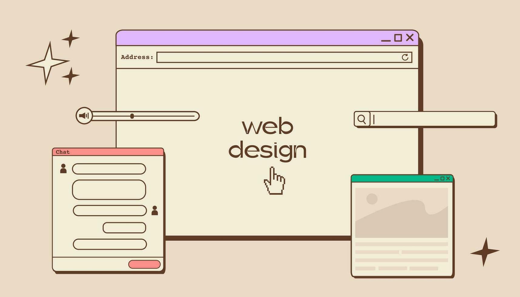 Web UI UX design. Web design concept banner in retro style. Studio prototyping or coding web page or mobile app. Online application design, coding, programming and web building. Vector illustration.