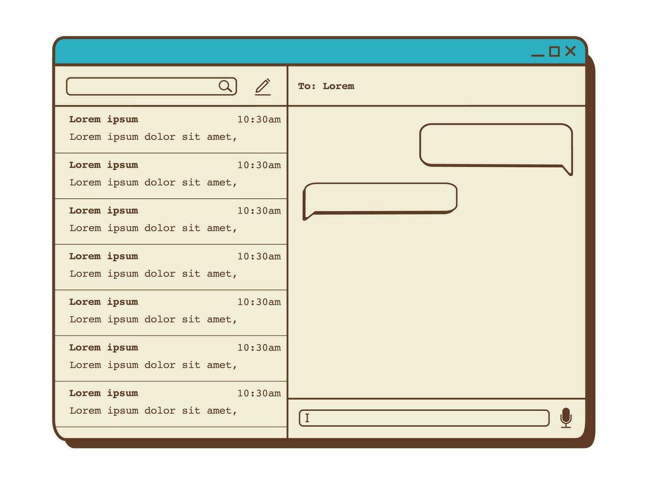 Aesthetic design for messenger app with vintage nostalgic UI. Bubble speech with place for text, voice and media sharing. Retro computer interface. Vector flat illustration.