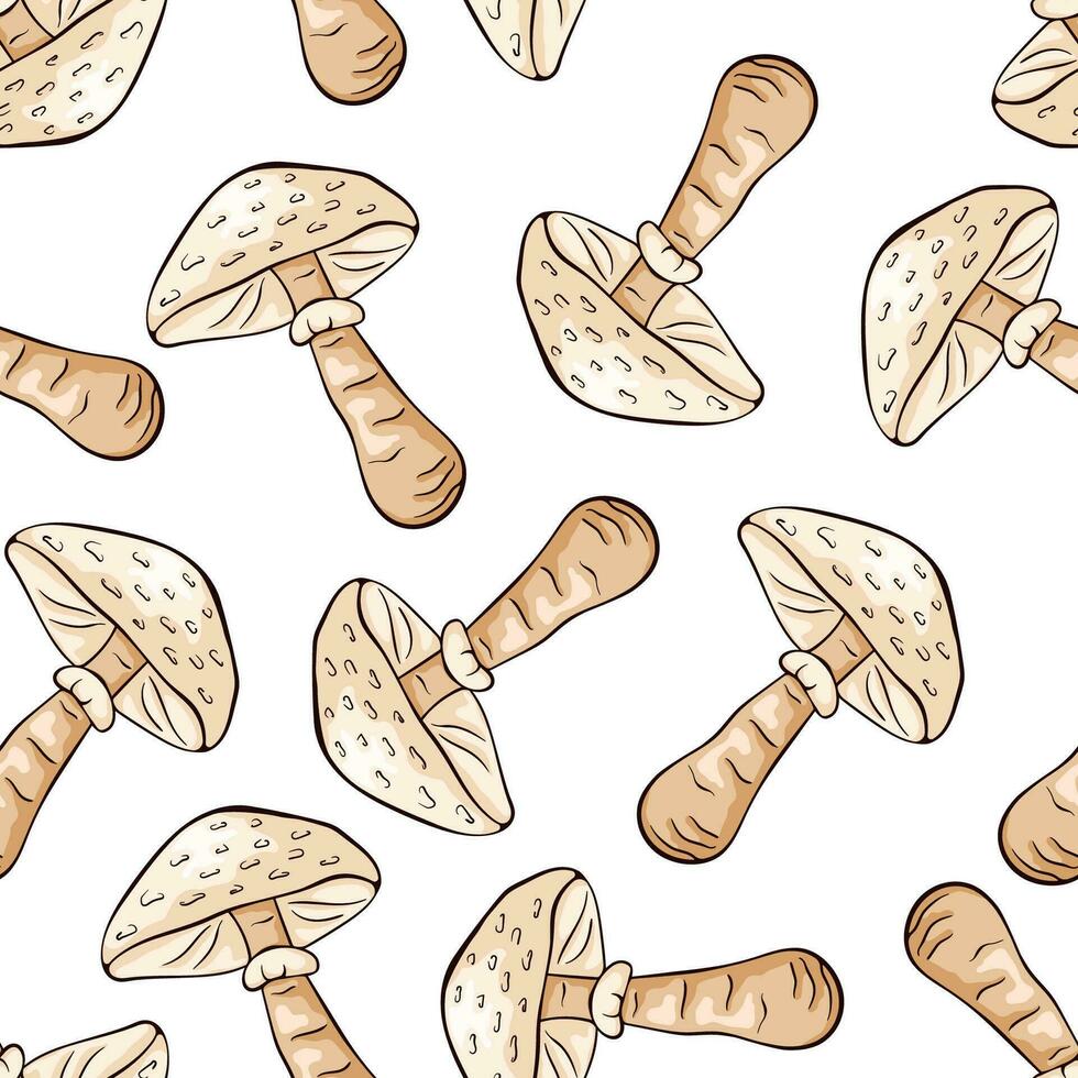 Seamless pattern with Parasol mushrooms in cartoon line art style. For wrapping paper, wallpaper, textiles, background. Vector illustration isolated on a white background.