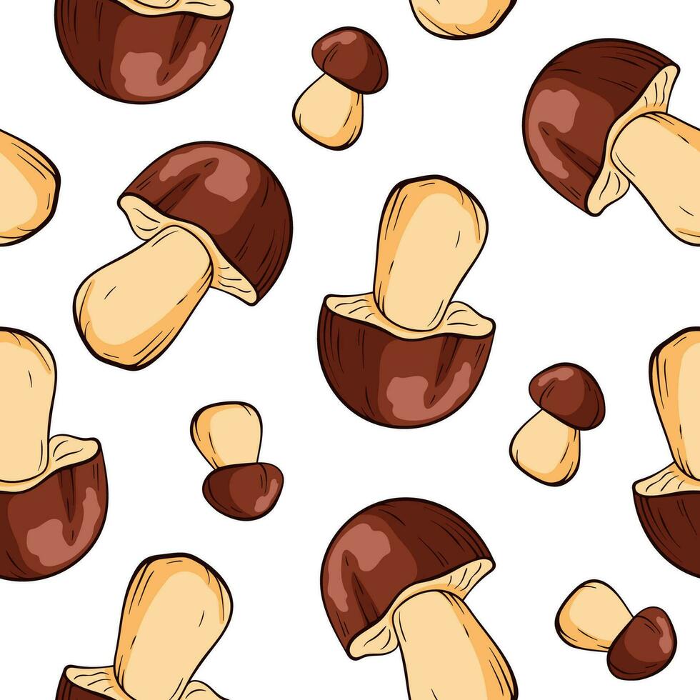 Seamless pattern of mushrooms boletus in cartoon style for childrens textiles and decor. Decorative backdrop for wallpaper, textile, wrapping, fabric. Vector illustration.