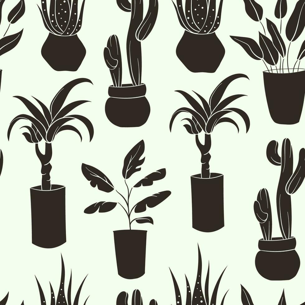 House plant flat pattern. Silhouettes seamless pattern of decor house indoor garden plants. Black and white house plants in flower pot outline doodle .Vector illustrations. vector