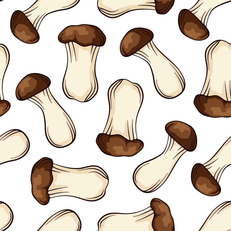 Seamless pattern with King Trumpet Oyster mushroom in line art, cartoon style. Seamless texture. Design template for textile, wallpaper, print. Vector illustration isolated on a white background.
