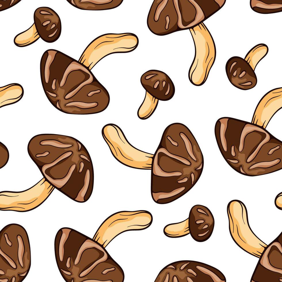 Seamless pattern with Shiitake mushrooms in cartoon line art style. For wrapping paper, wallpaper, textiles, background. Vector illustration isolated on a white background.