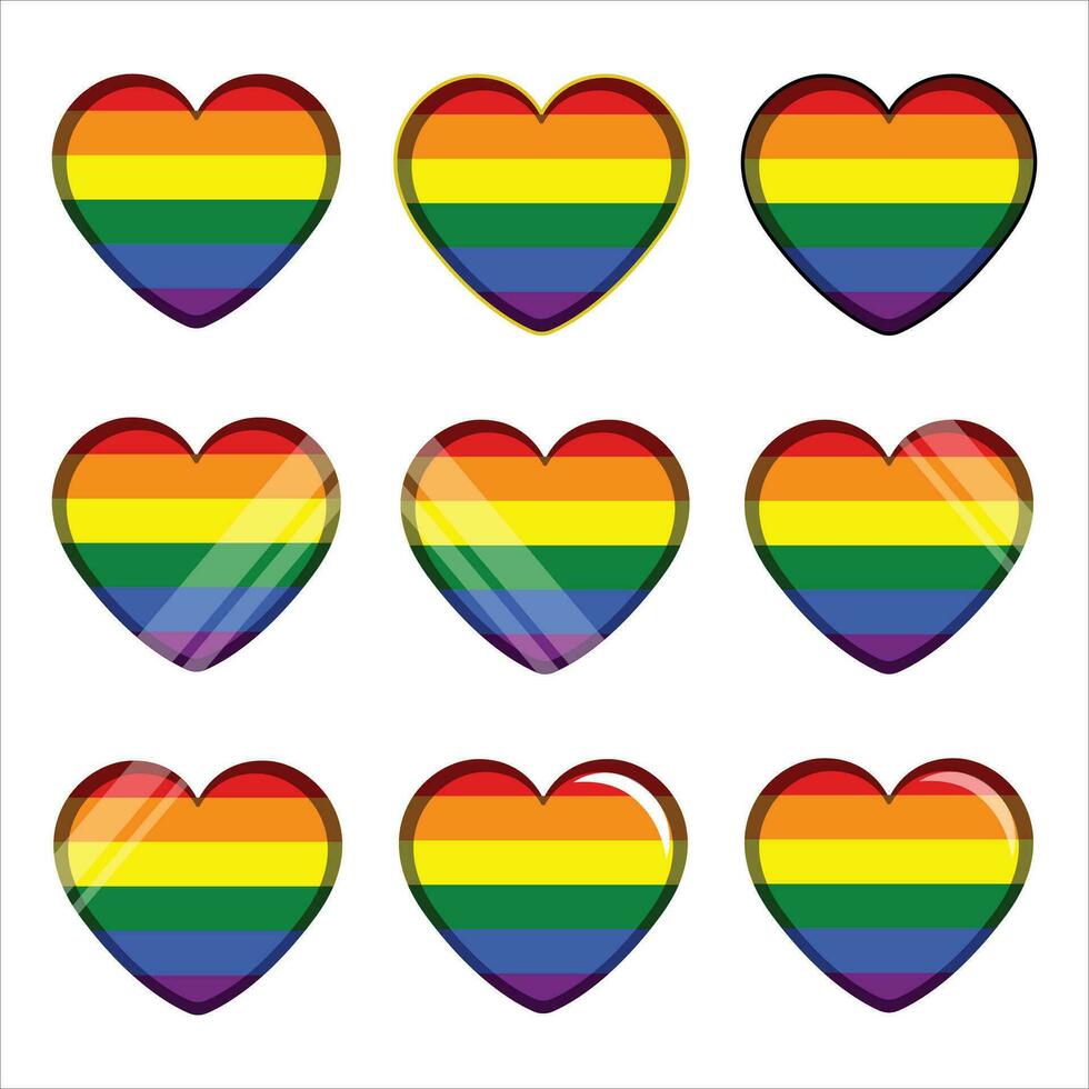 various styles of LGBTQ heart with shadow icon. Pride month vector icon. Rainbow love concept. Human rights and tolerance. LGBT gay and lesbian pride symbols, Vector illustration isolated