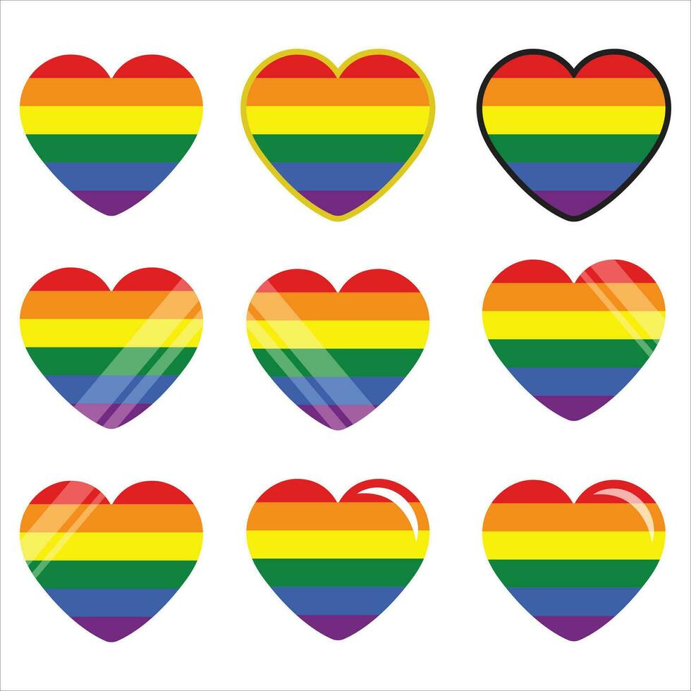 various styles of LGBTQ heart icon. Pride day vector icon. Rainbow love concept. Human rights and tolerance. LGBT gay and lesbian pride symbols, Icon template. Vector illustration isolated