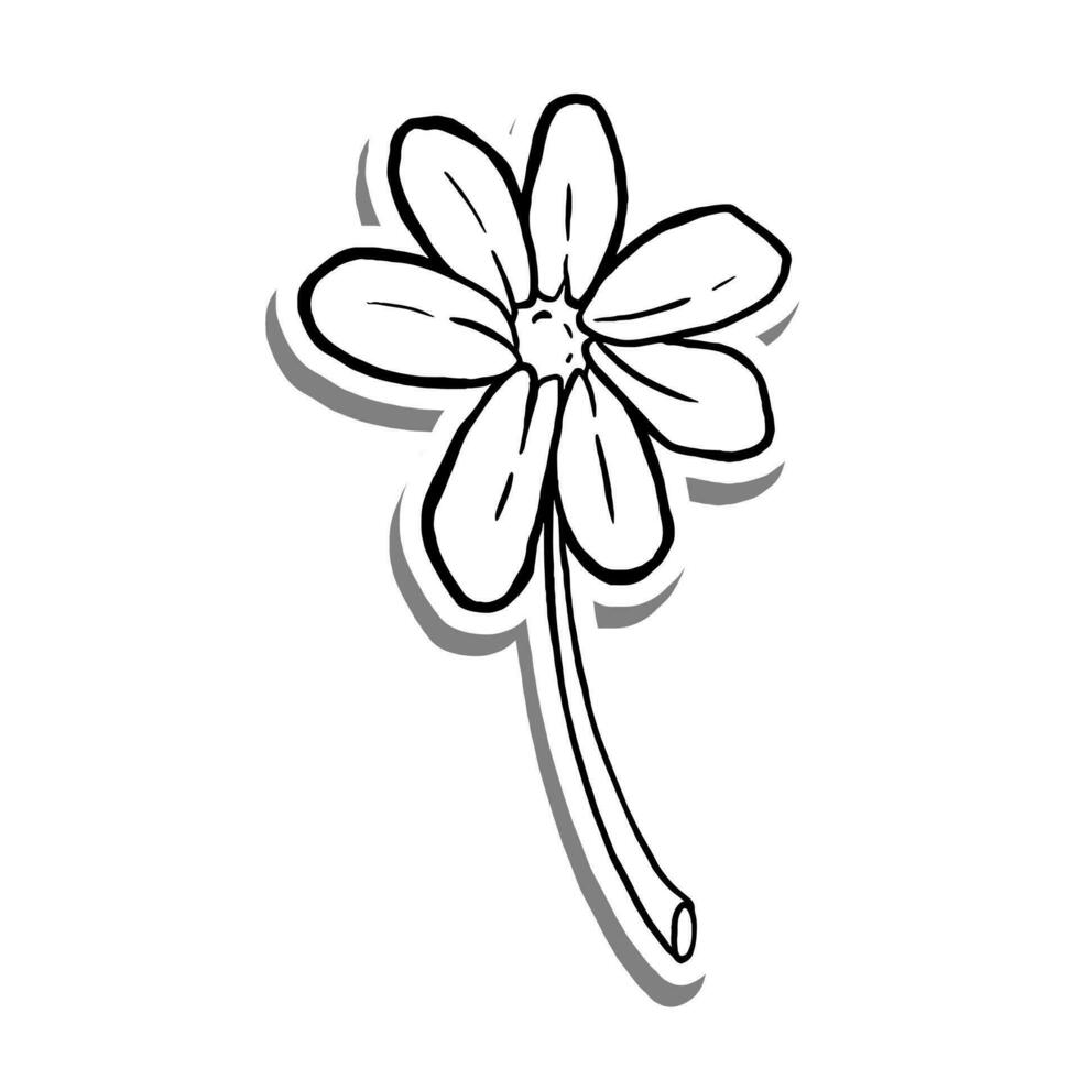 negro línea uno margarita flor floración en blanco silueta y gris sombra. mano dibujado dibujos animados estilo. vector ilustración para Decorar, colorante y ninguna diseño.