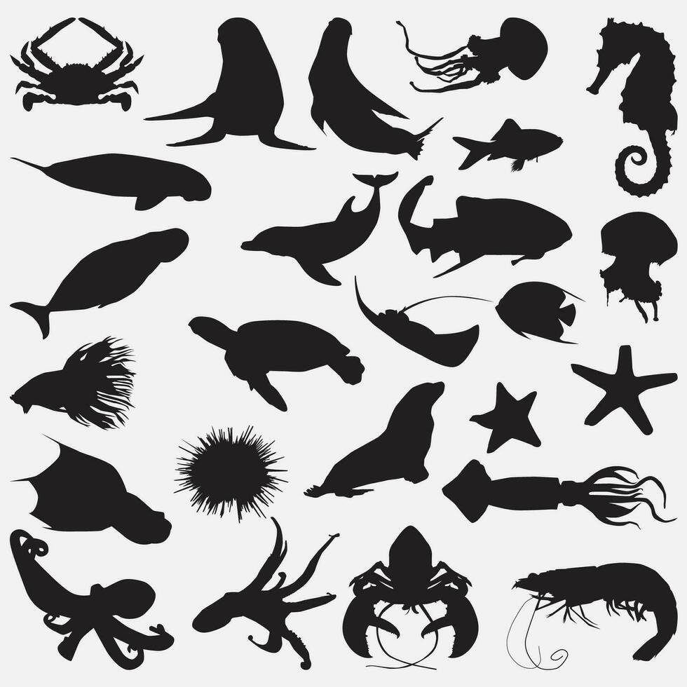 sea animals silhouette set vector