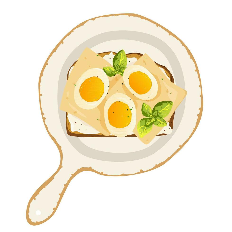 desayuno brindis con crema queso, hervido huevos y queso con puñales en un lámina. albahaca. crujiente un pan. sano desayuno. emparedado. vector ilustración.