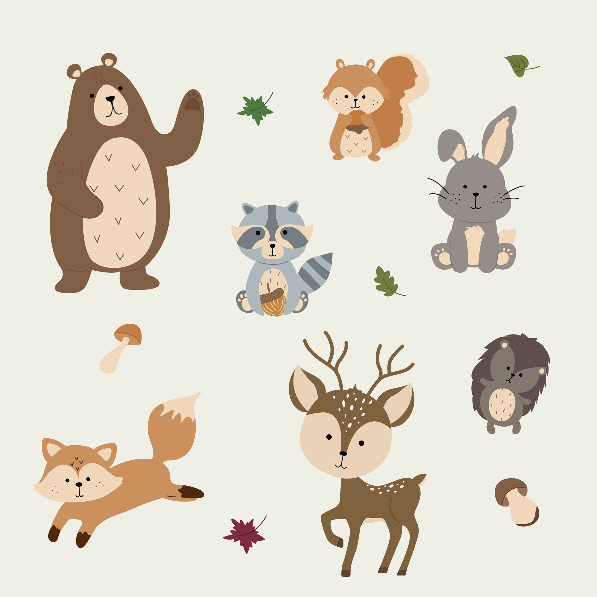 Cute forest animals in cartoon style. Nature forest. Bear, fox ...