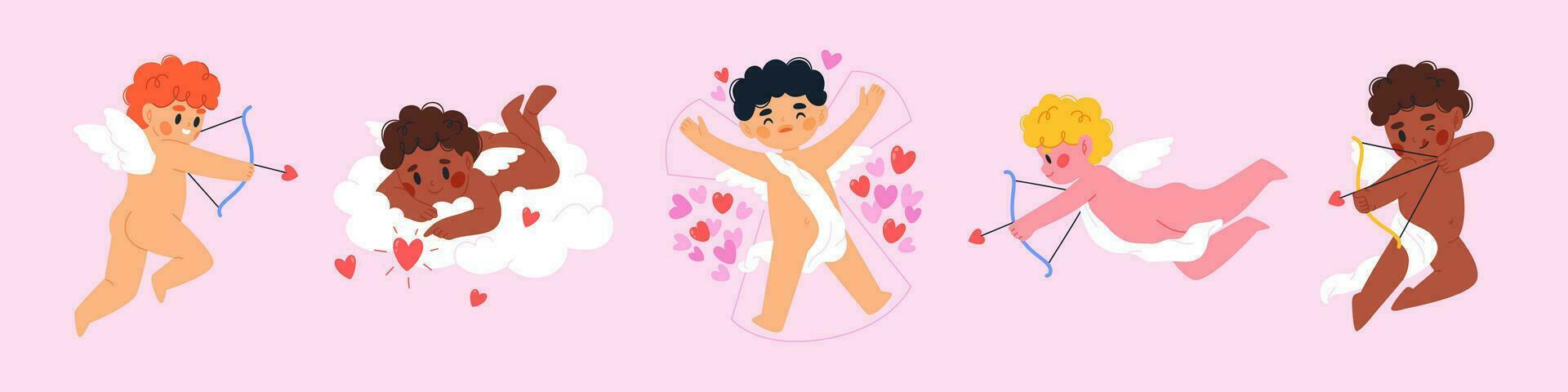 Cupids set. Cute flying angels with a bow and arrow. Vector flat illustration.