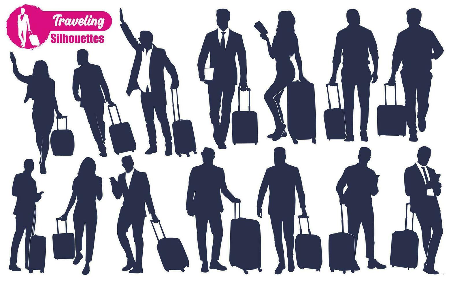 Traveling with Suitcase Silhouettes Vector illustration