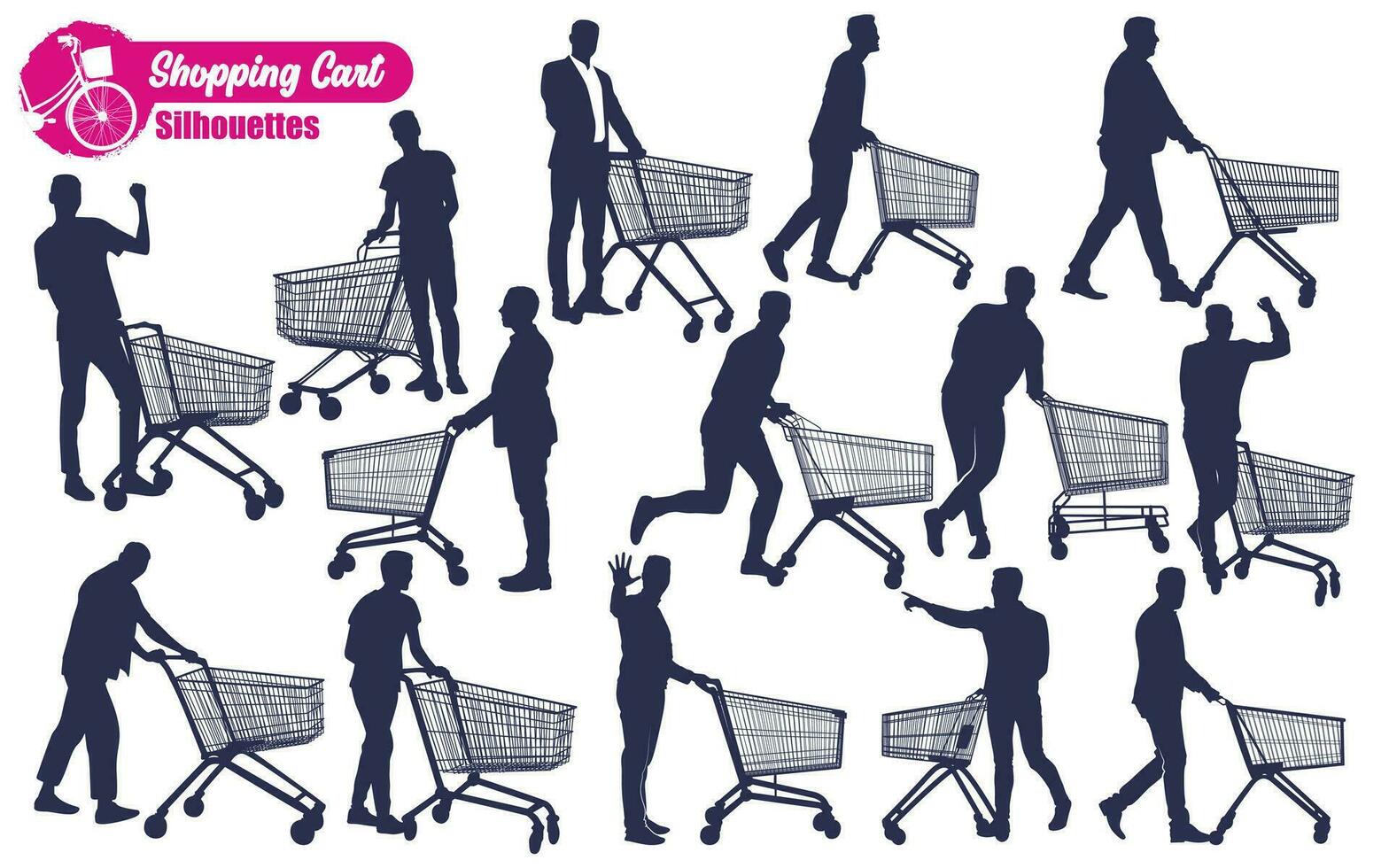 Pushing Shopping Cart Silhouettes Vector