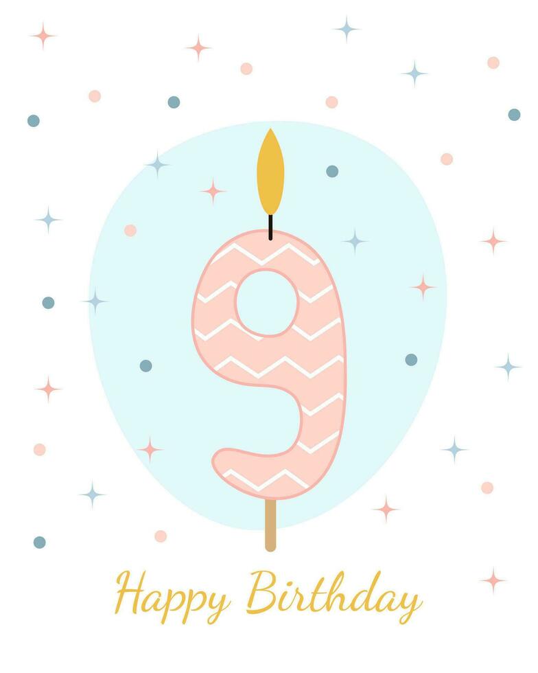 Happy Birthday card. Vector illustration of a candle for a cake in the form of the number 9.