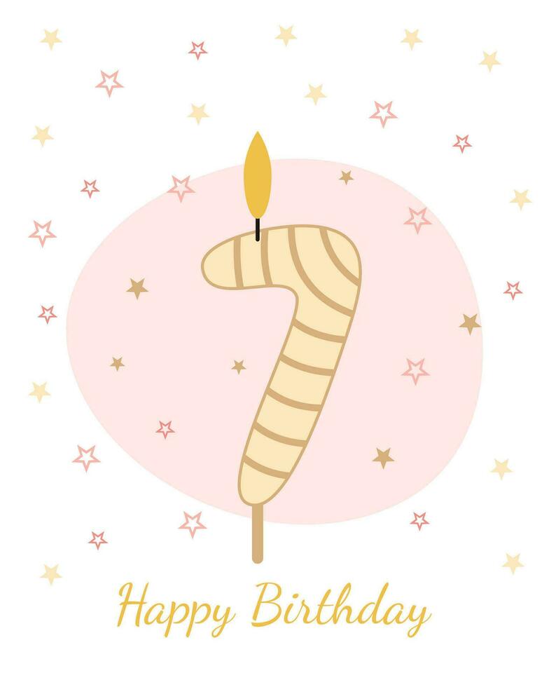 Sweet, Happy Birthday card. Vector illustration of a candle for a cake in the form of the number 7.