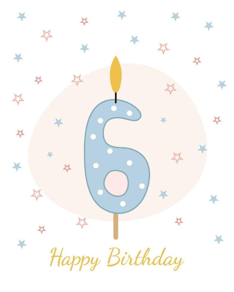 Happy Birthday card. Vector illustration of a candle for a cake in the form of the number 6.