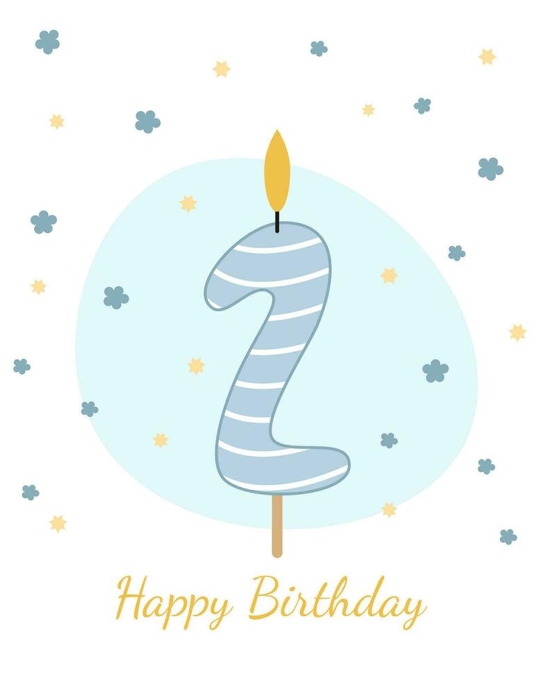 Happy Birthday card. Vector illustration of a candle for a cake in the form of the number 2.