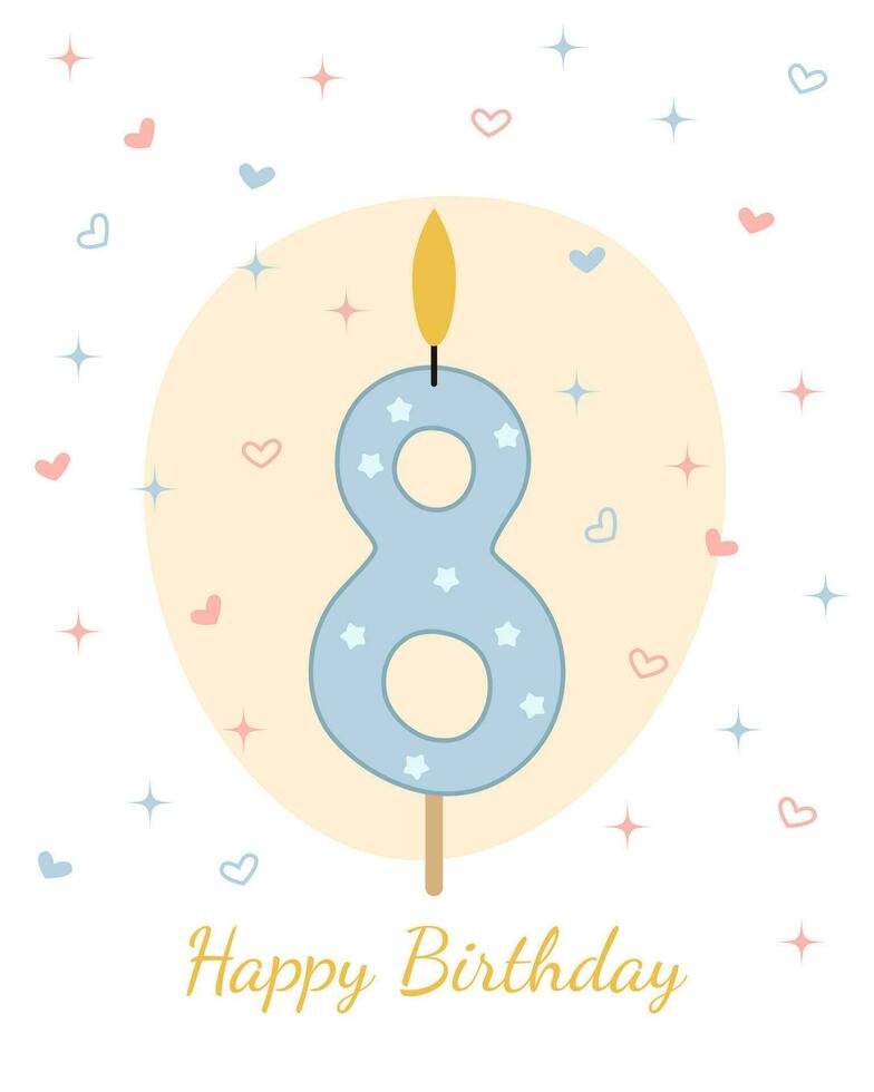 Sweet, Happy Birthday card. Vector illustration of a candle for a cake in the form of the number 8.