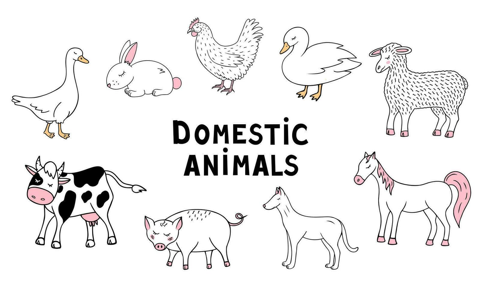 Doméstico animales colocar, vaca, caballo, cerdo. ilustración para impresión, antecedentes, cubre y embalaje. imagen lata ser usado para saludo tarjetas, carteles y pegatinas aislado en blanco antecedentes. vector