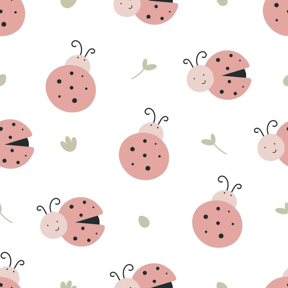Seamless Cartoon Spring pattern with ladybug. Vector illustration in flat style.