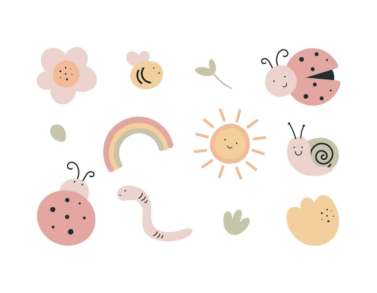 Set with cute insects, flowers. Colorful vector illustration in a flat style. Bee, ladybug, worm, rainbow, sun, snail and flowers isolated on a white background.