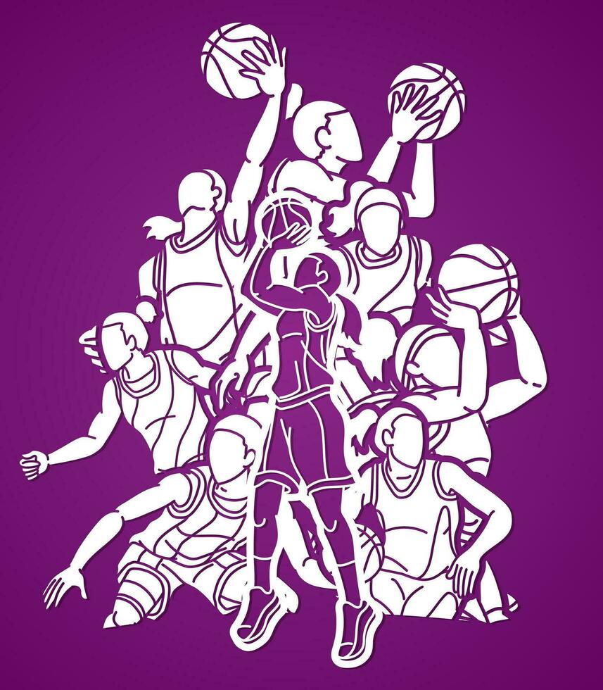 grupo de mujer baloncesto jugadores mezcla acción vector