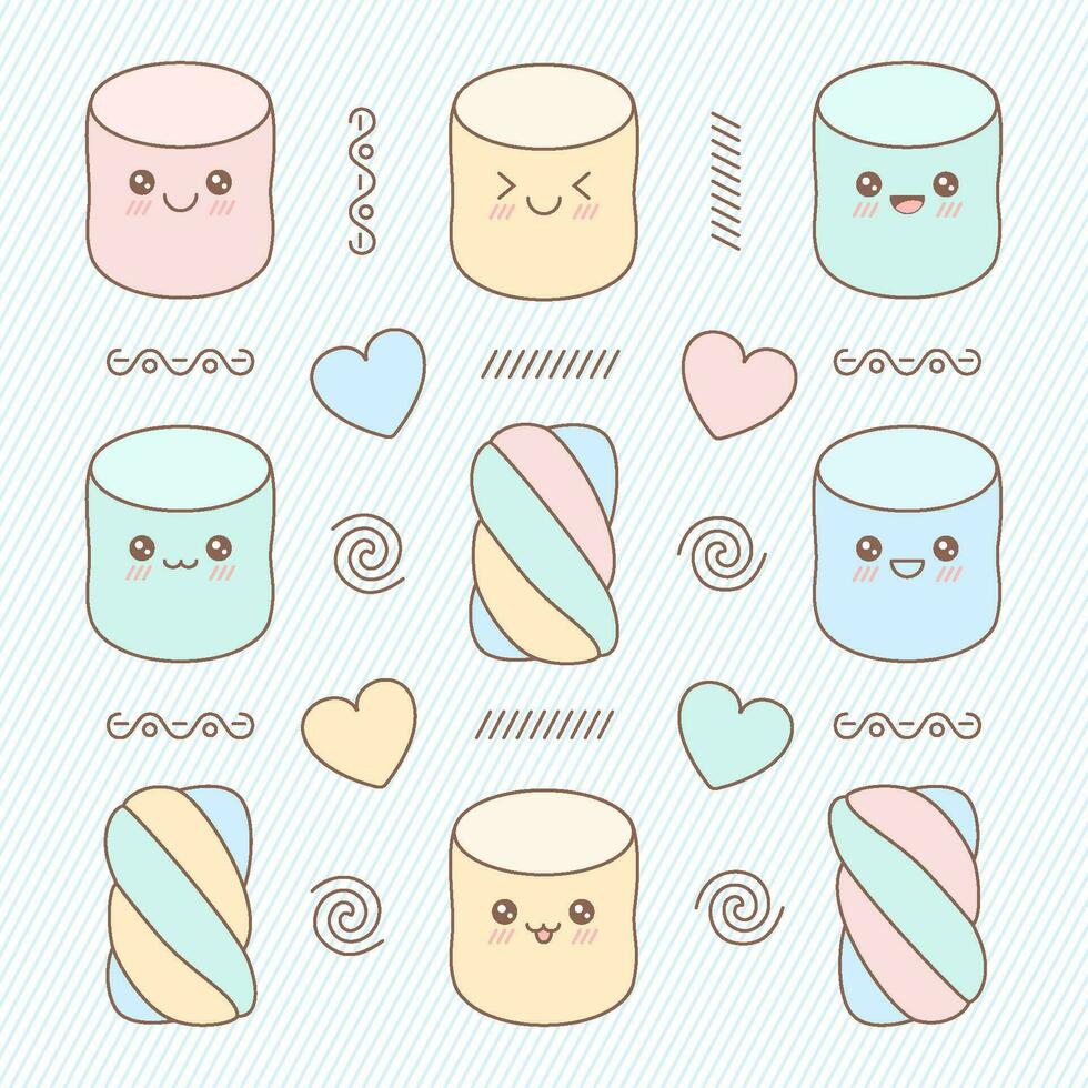 conjunto de linda suave Malvaviscos en kawaii estilo. vector ilustración de dulce comida en pastel color.