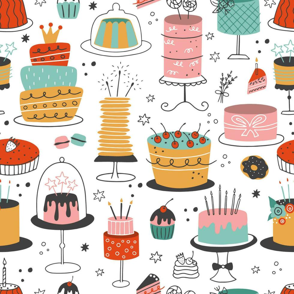 Seamless pattern with doodle colorful cakes vector