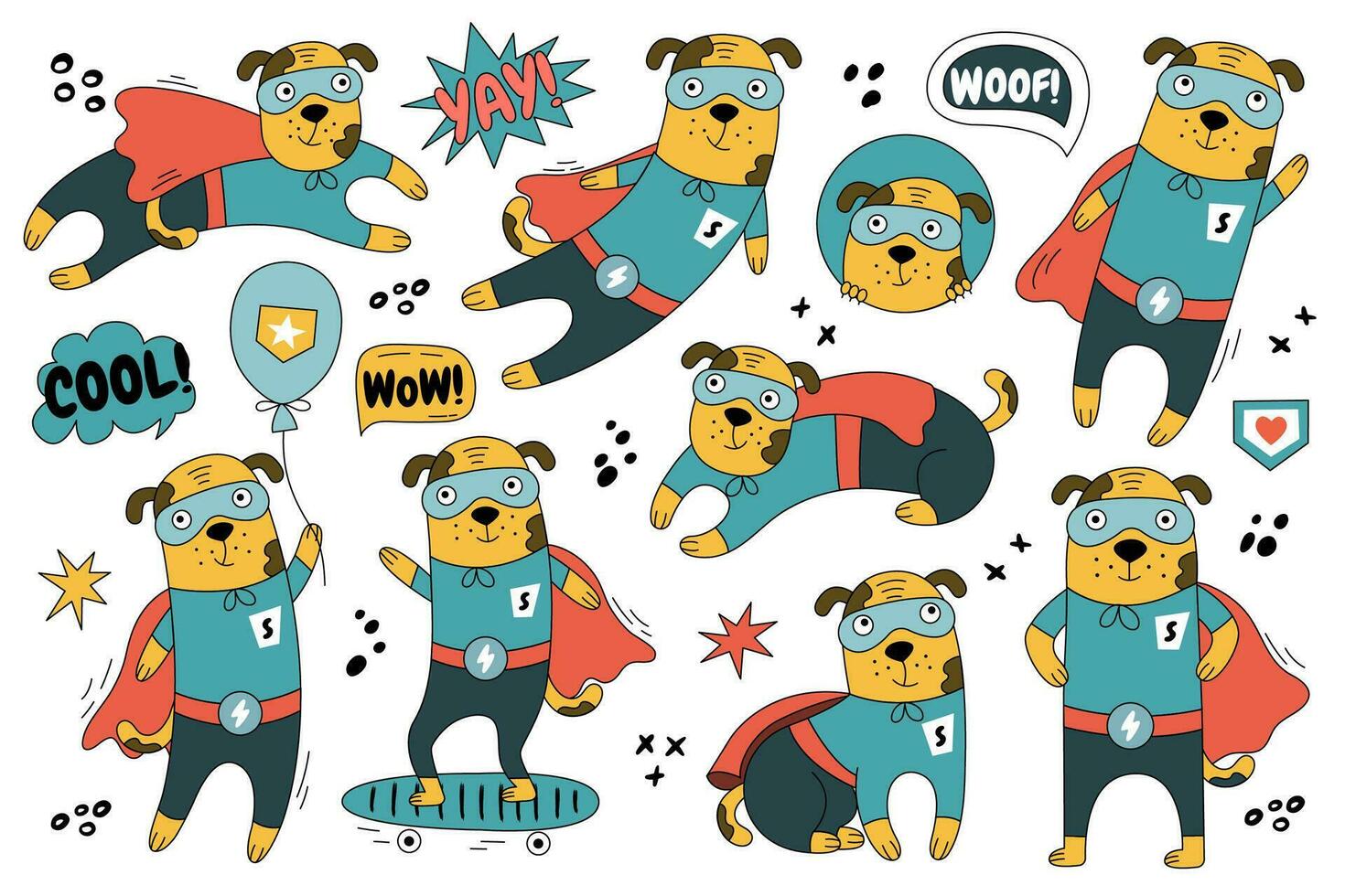 Hand-drawn dog in superman costume in different poses. vector