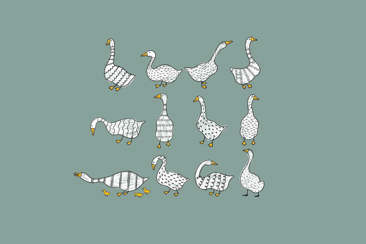 Set of hand-drawn geese. vector
