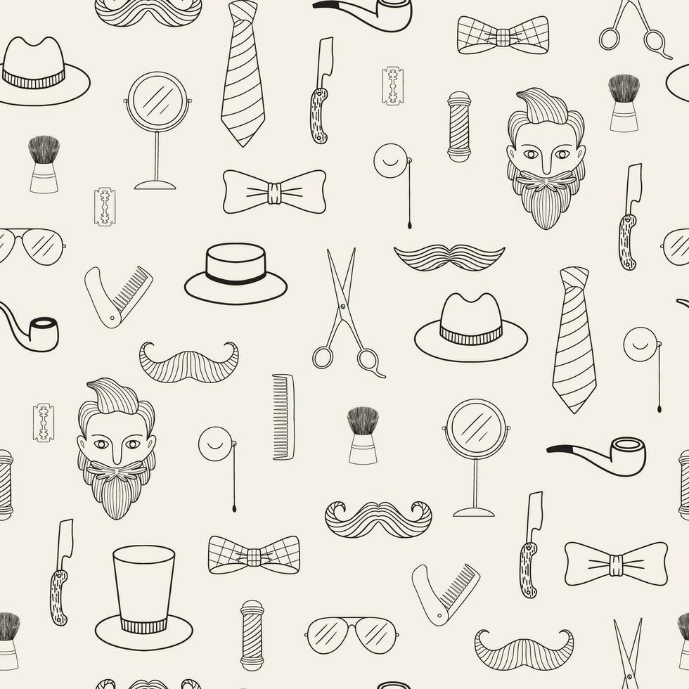 Seamless pattern with different barbershop tools and man hairstyle. vector