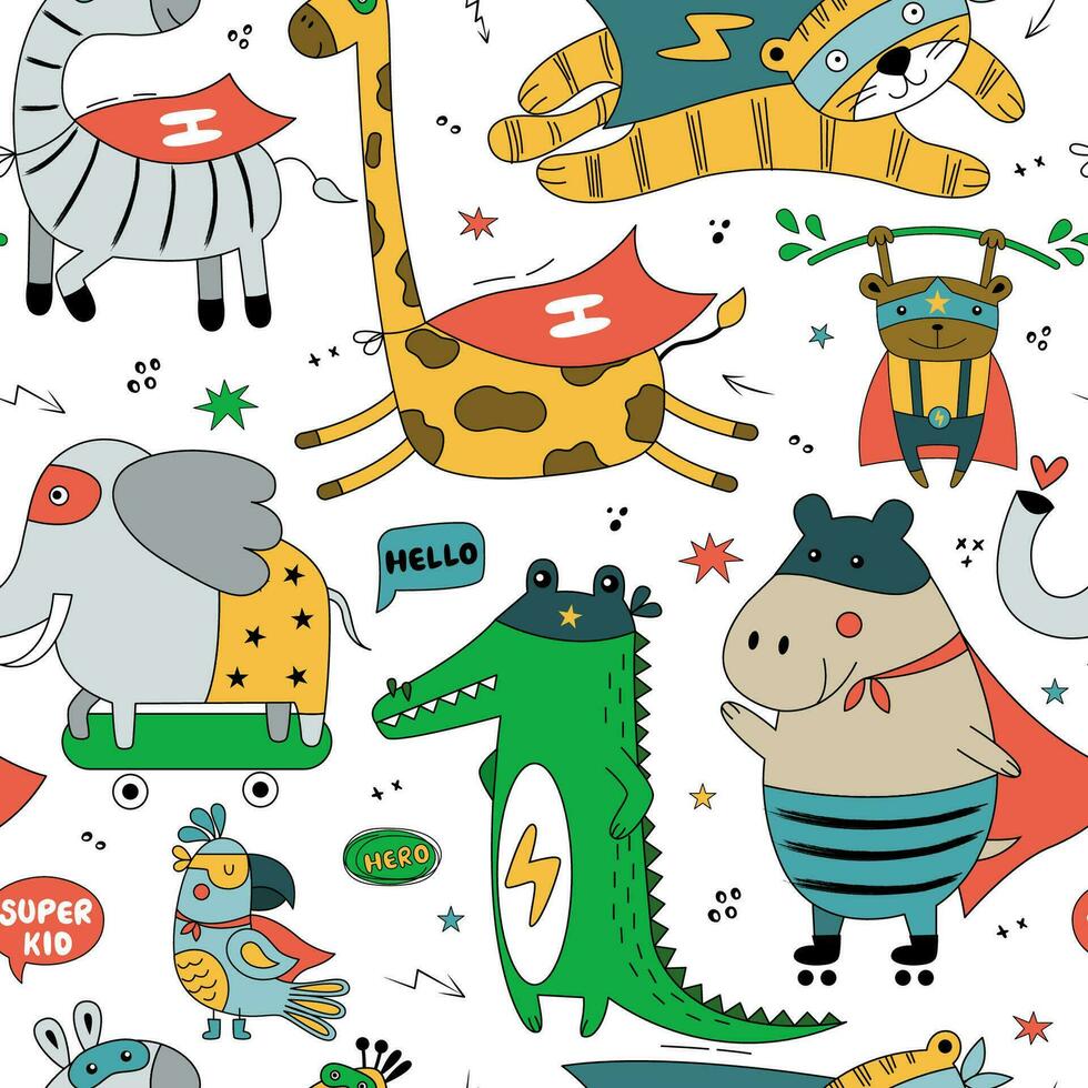 Seamless pattern wild animals in funny comics costume. vector