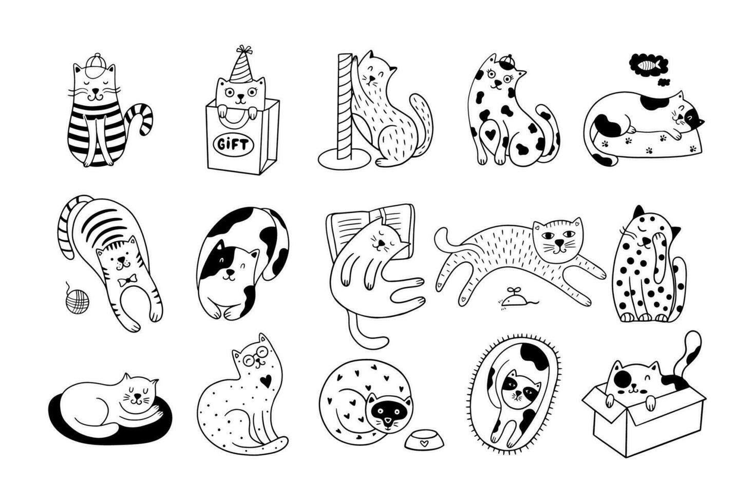 Set of 15 cute hand-drawn cats vector