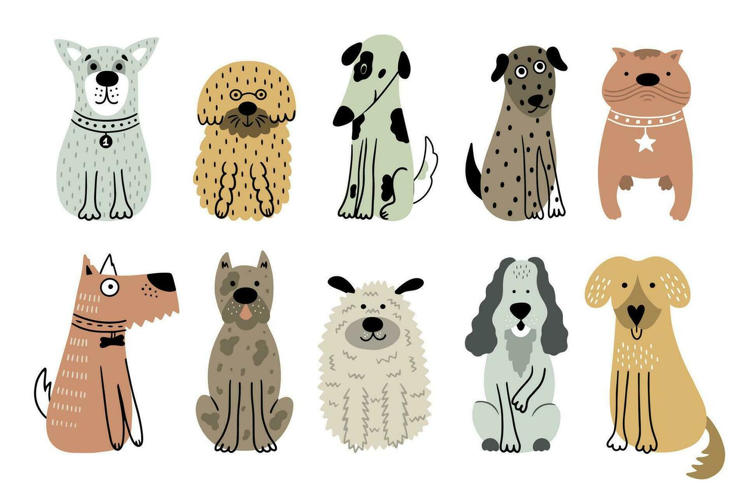 Collection of cute dogs. Set of 10 doodle pets on a white background. vector