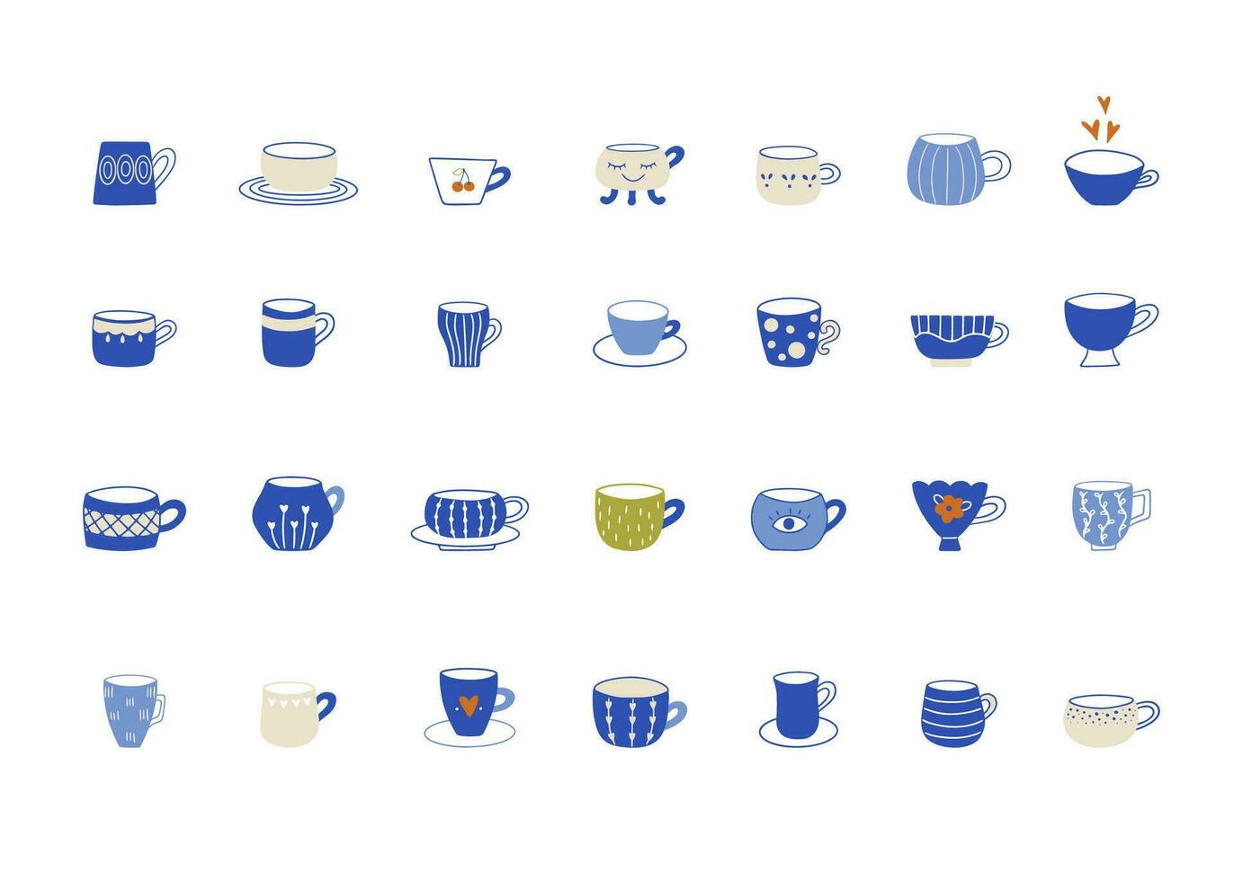 Collection with modern cups in flat cartoon style. vector