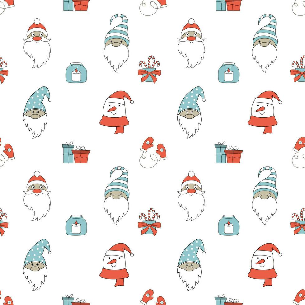 Seamless Christmas pattern with Santa Claus, gnomes, and snowman. vector