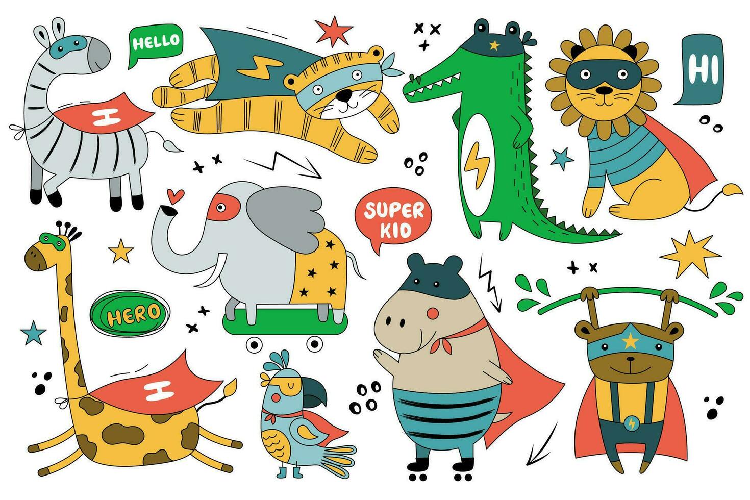 Set of wild animals in funny comics costume. vector