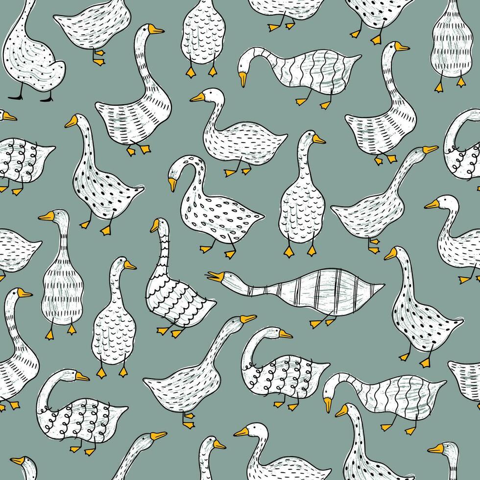 Hand-drawn geese seamless pattern. vector