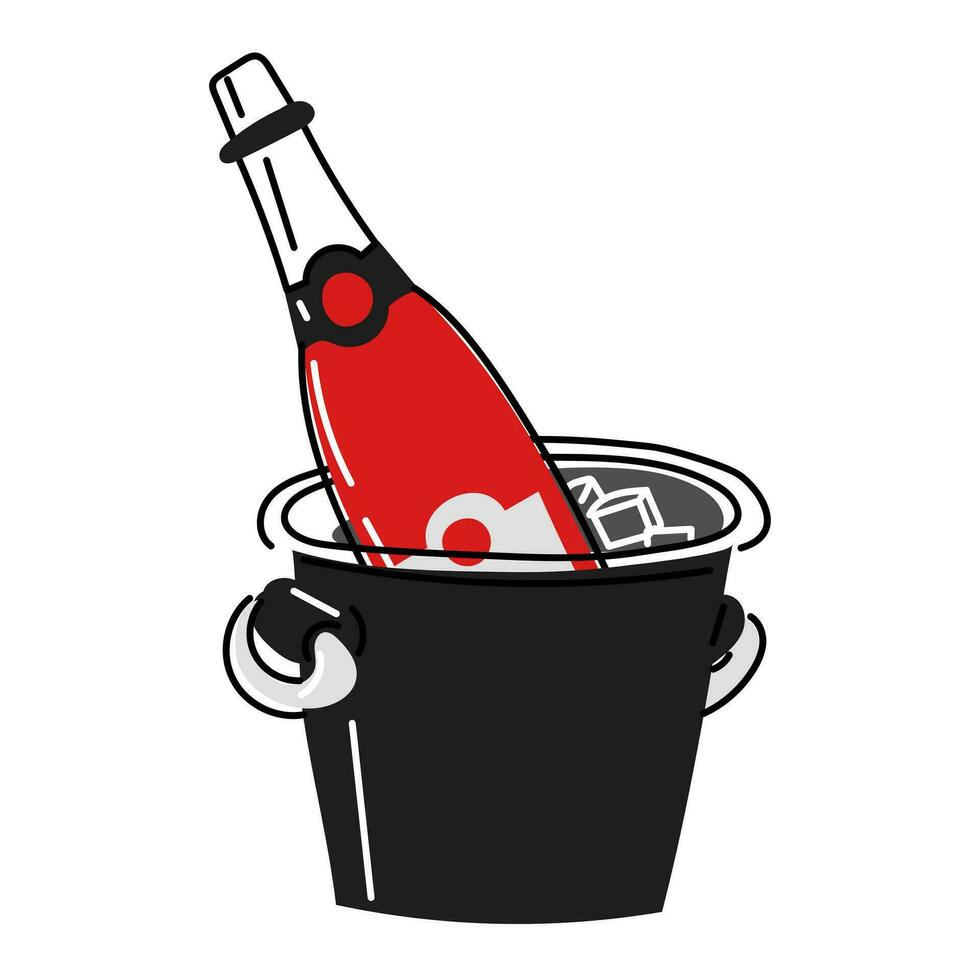 Isolated design of a vector illustration of a bucket for cooling champagne with ice. An ice bucket and a bottle in a flat doodle style for a date, romance on Valentine's Day. Elements on a white