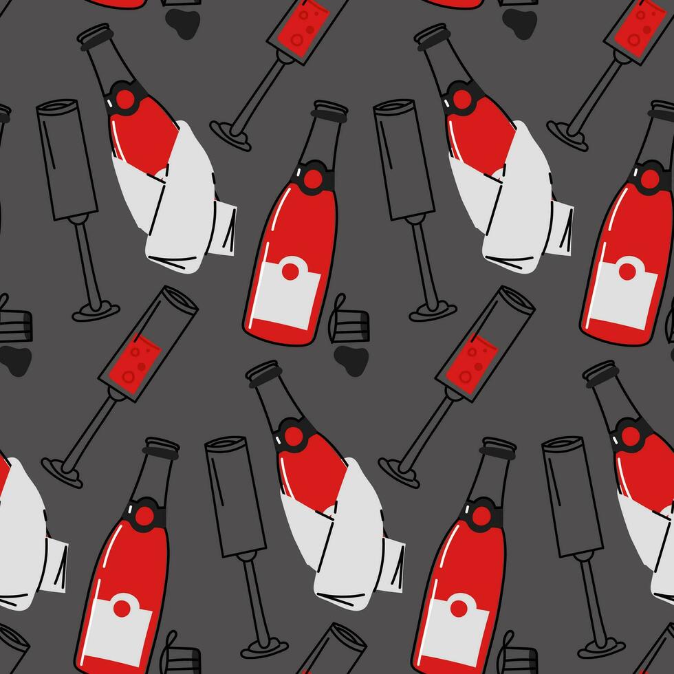 The pattern of glasses, champagne in a towel on a gray background. Seamless pattern of wine bottles and glasses on a gray background. Vector illustration. restaurant, romance, date, courtship