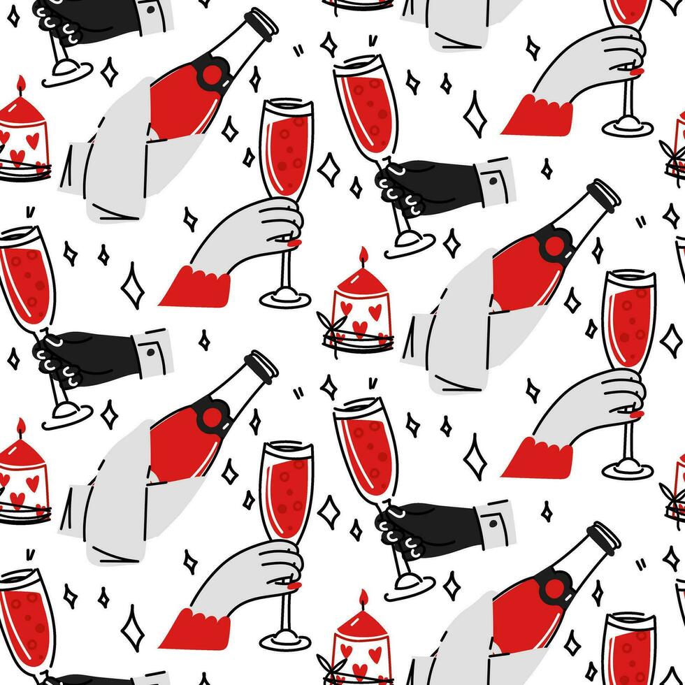Pattern is a pair of hands with glasses, open champagne. Seamless pattern of male and female hands with glasses and bottles, candles on a white background. Vector illustration Star, romance, courtship